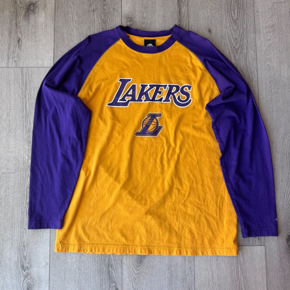 Adidas Los Angeles Lakers Long Sleeve Raglan Shirt Gold Purple Mens Large 2961A